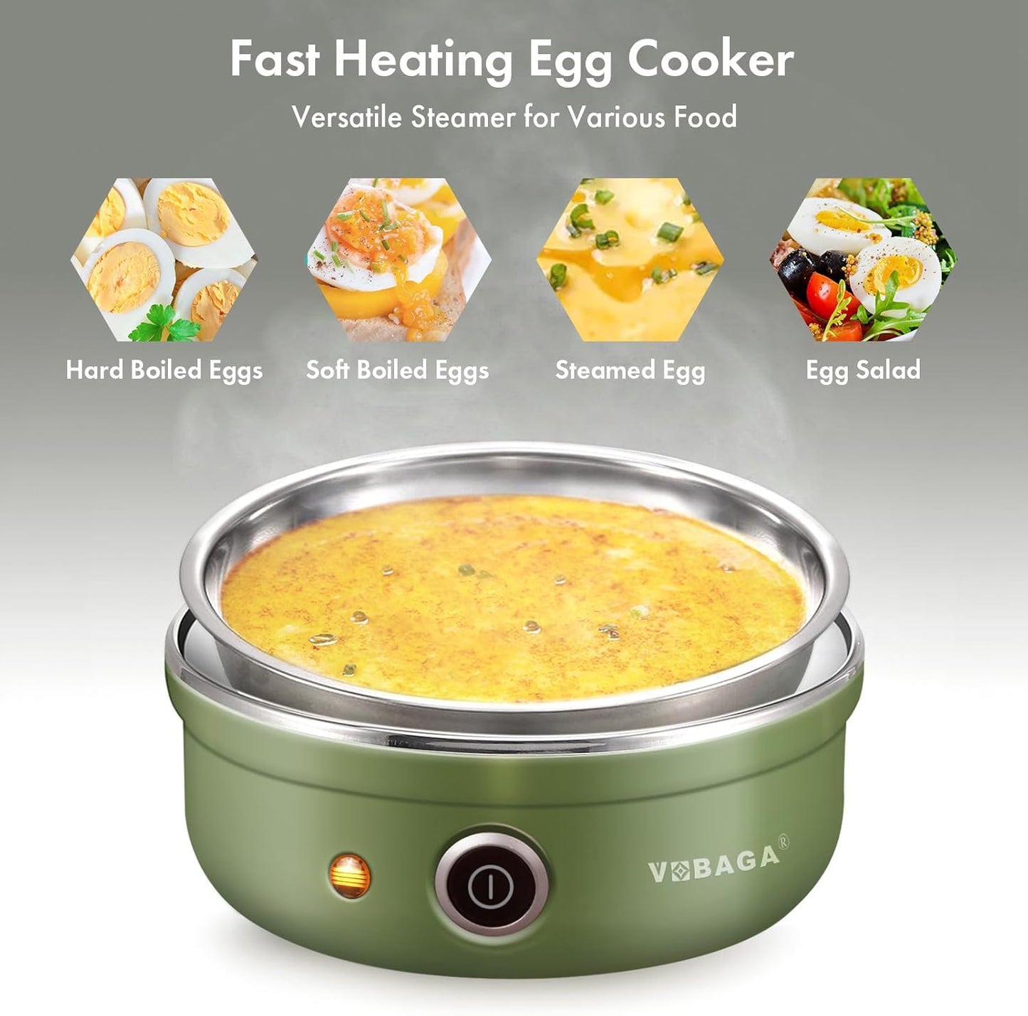VOBAGA Electric Egg Cooker, Rapid Egg Boiler with Auto Shut Off for Soft, Medium, Hard Boiled, Poached, Steamed Eggs, Vegetables and Dumplings, Stainless Steel Tray with 7-Egg Capacity (Green)