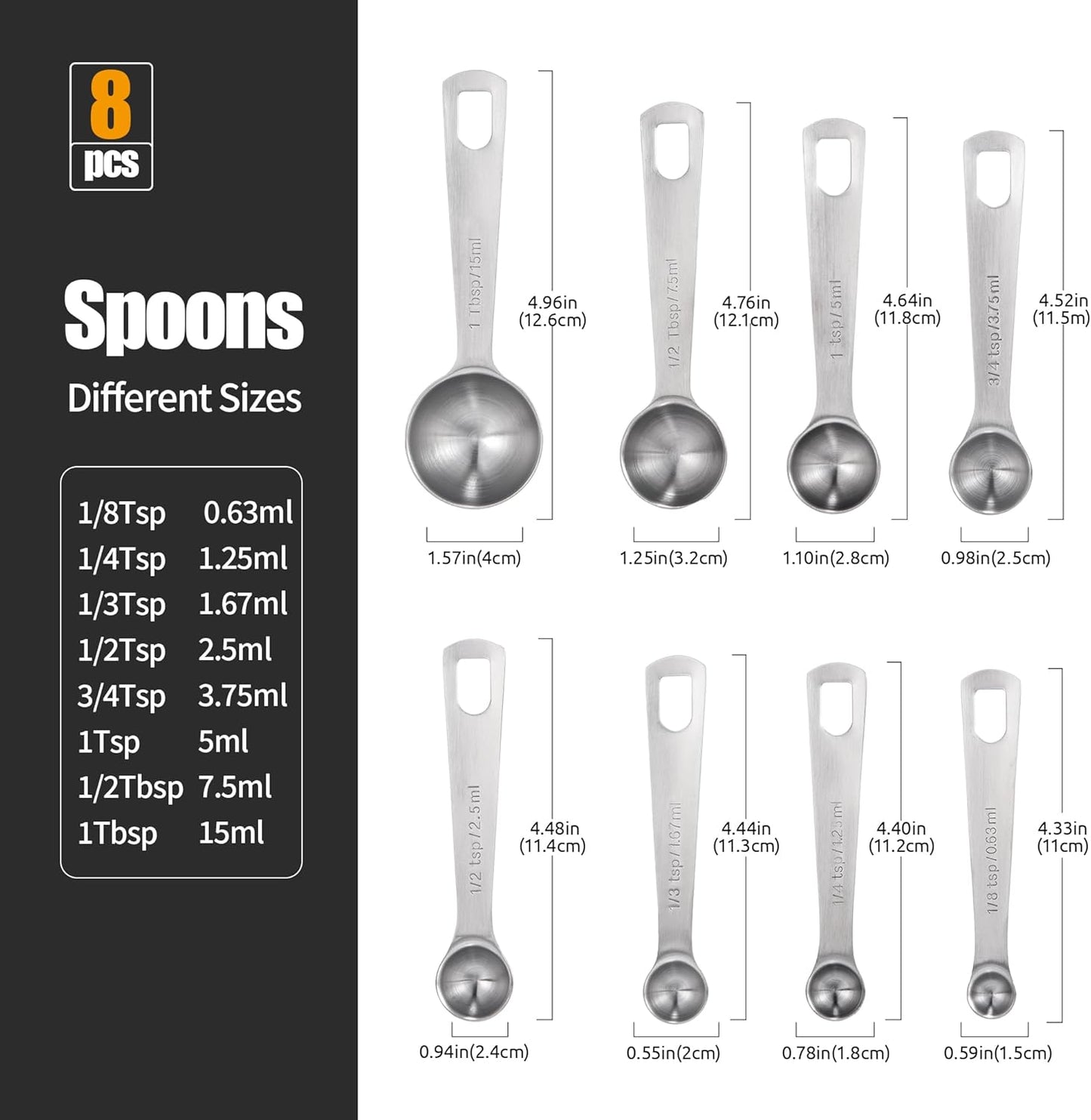 Doosu Measuring Spoons Set of 8-18/8 Stainless Steel Heavy Duty Teaspoons Tablespoons with Engraved Metric & US Measurements, Metal Measure Spoon for Dry and Liquid Ingredients, Dishwasher Safe