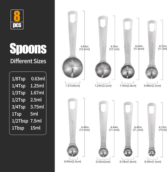 Doosu Measuring Spoons Set of 8-18/8 Stainless Steel Heavy Duty Teaspoons Tablespoons with Engraved Metric & US Measurements, Metal Measure Spoon for Dry and Liquid Ingredients, Dishwasher Safe