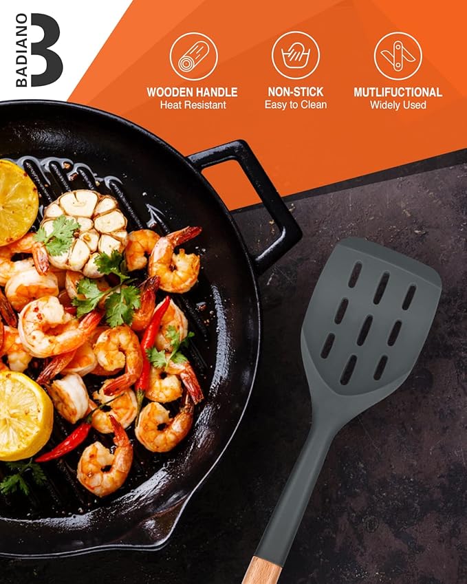 Pack of 2 Silicone Spatula, Non Stick Cooking Utensil Set Wooden Handle Kitchen Turner for Baking Mixing Grilling Serving Food Heat Resistant Non Scratch Hooks Included (Grey)