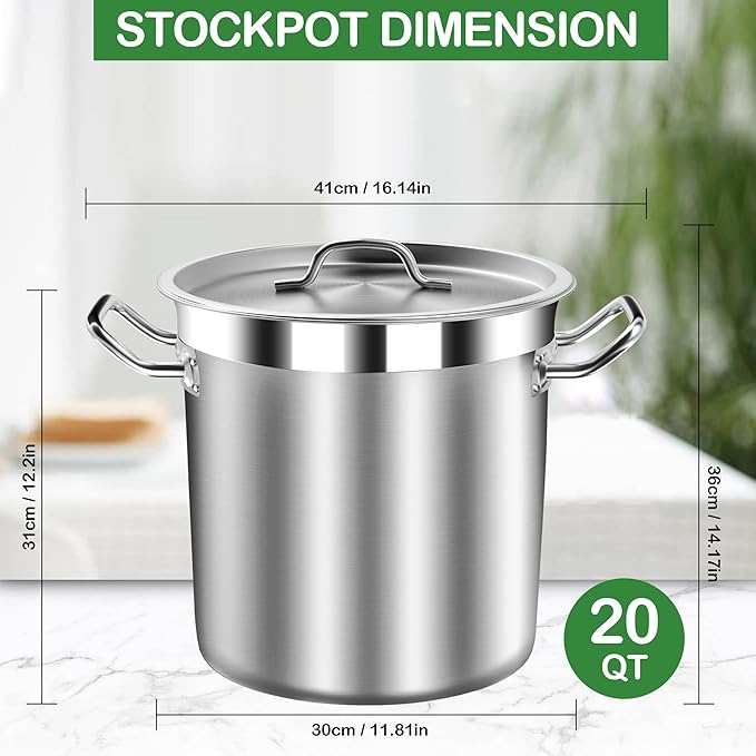 20 Quart Soup Pot with Lid – Stainless Steel Stock Pot, Heavy Duty Cooking Pot for Soup, Pasta, Stew – Induction & Oven Safe, Commercial & Home Use