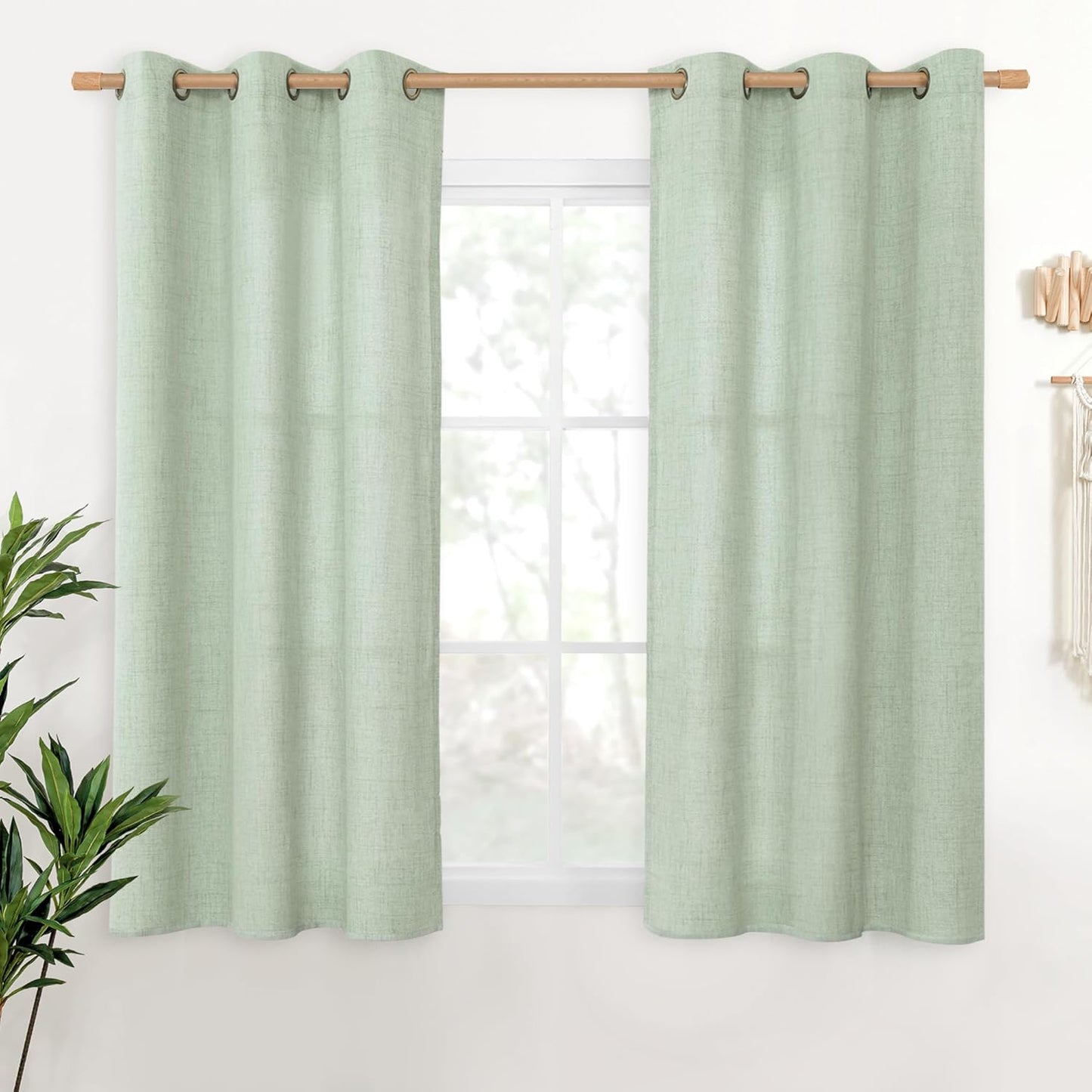 YoungsTex Sage Green Linen Curtains 48 Inch Length for Living Room Window, Short Drapes Light Filtering with Bronze Grommet Privacy for Kitchen Bedroom, 42 x 48 Inch, 2 Panels