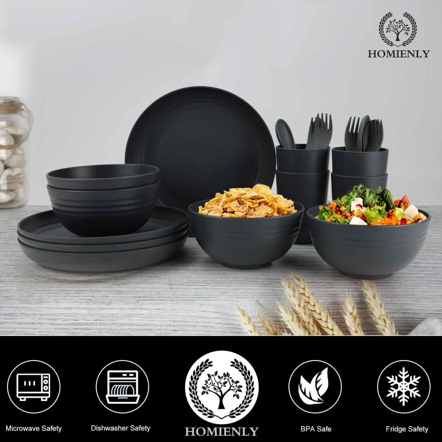 Homienly Wheat Straw Dinnerware Sets, Homienly 20pcs Unbreakable Microwave Dishwasher Safe Tableware Lightweight Bowls, Cups, Plates Set Reusable Dinner Plates Bowls set (Matte Black)