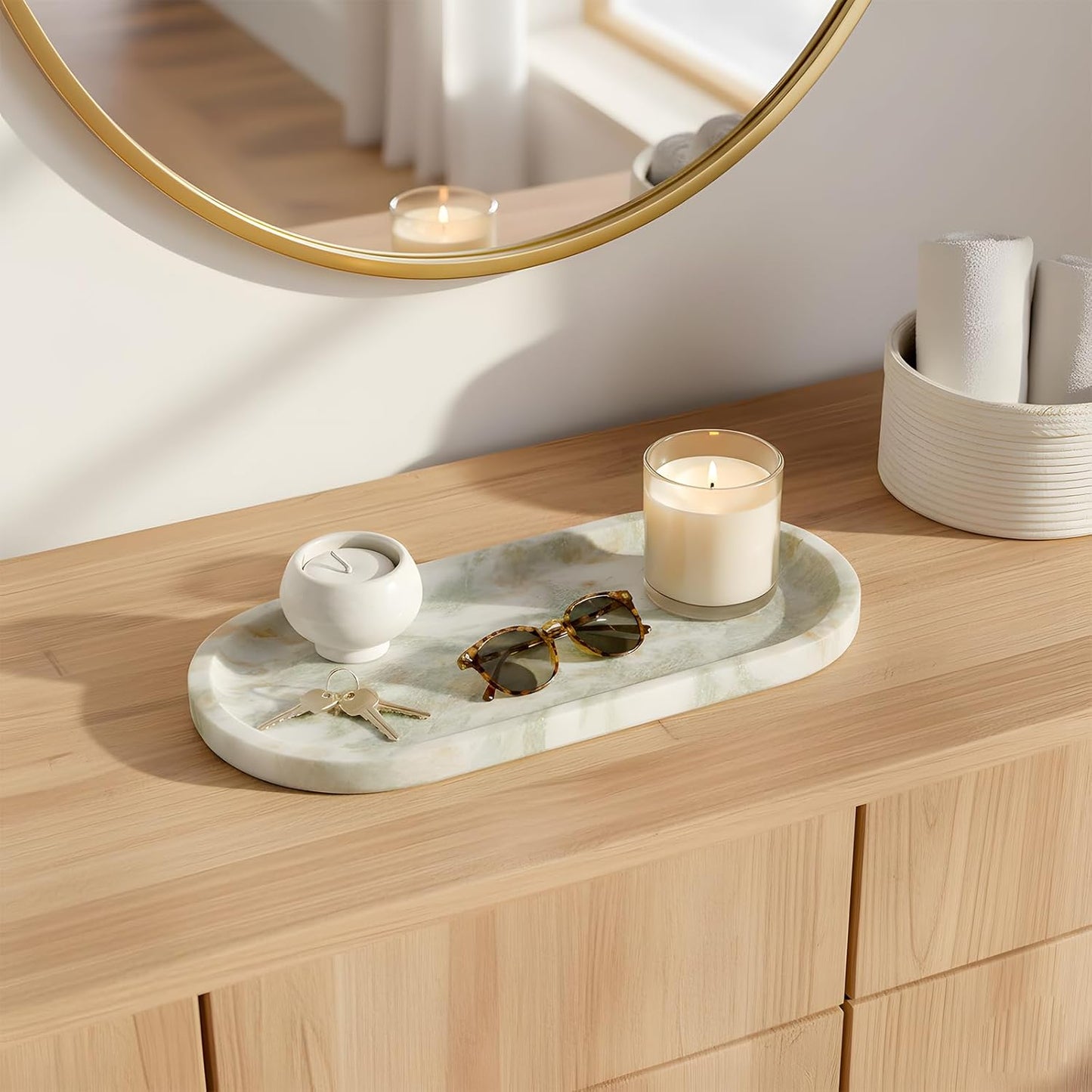 Natural Marble Tray, Stone Vanity Tray for Bathroom & Kitchen Countertop - Organizer for Perfume, Jewelry, Cosmetics 12x6 Inch,Pinkish Green