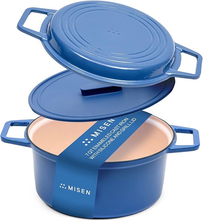 Misen 7 QT Enameled Cast Iron Dutch Oven - Chip-Resistant Enamel Coating - Thick Iron Core For Heat Retention - Large Cooking Surface - Oven Safe, Induction Compatible - Grill and Silicone Lid, Blue