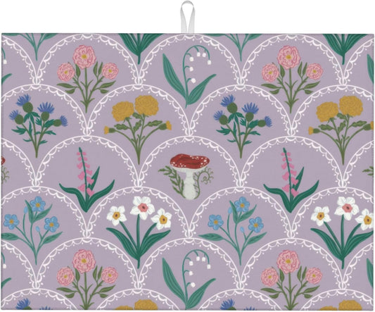 Vintage Flowers Dish Drying Mat 18x24 Inch, Microfiber Absorbent Fast Dry Mat Mushroom Floral Large Dish Mat Drying Kitchen Mat, Kitchen Drying Pad for Kitchen Counter Coffee Bar Decor Gifts