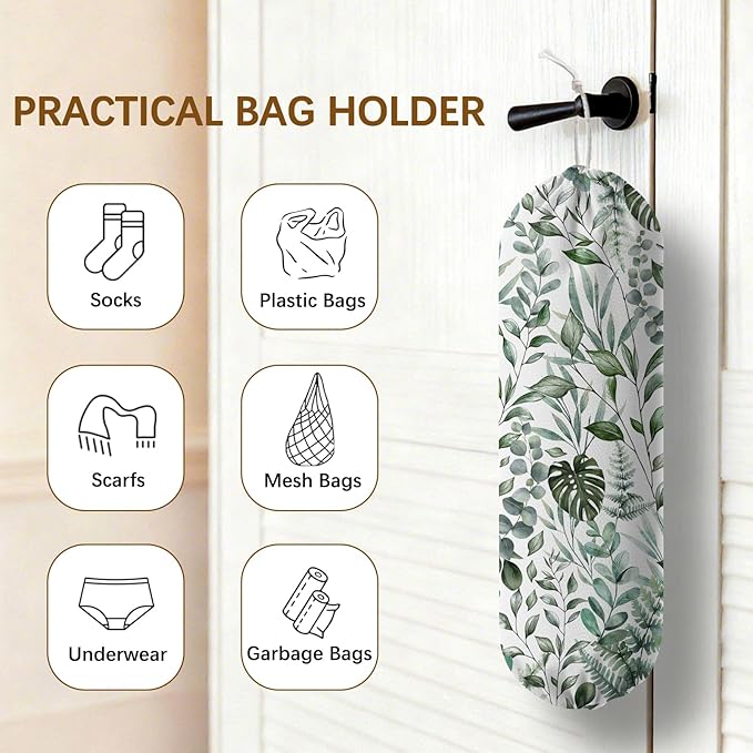 Plant Plastic Bag Holder, Wall Mount Organizer for Reusable Canvas Grocery Bags, Plants Hanging Plastic Bag Dispenser, Green Leaves Shopping Bags Storage Dispenser Decorative Home Kitchen Pantry Decor