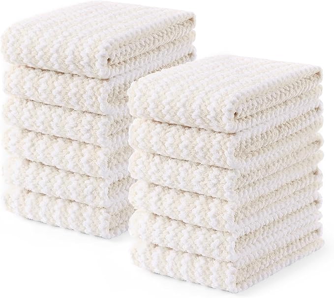 Homaxy Kitchen Towels(12 Pack, 10 x 20 inches), Ultra Soft and Absorbent Dish Towels, Reusable Fast Drying Microfiber Cleaning Cloth, Coral Velvet Wave Design No-lint, Beige