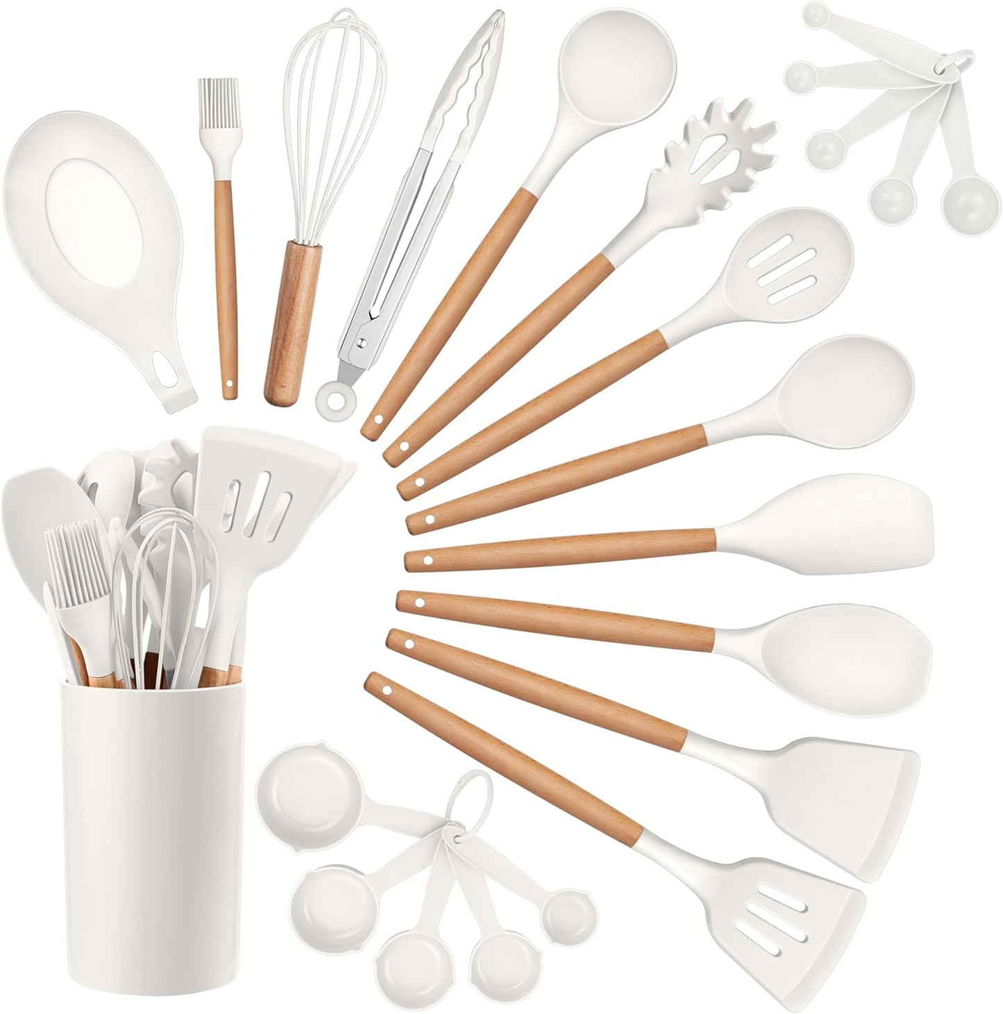 HaWare Kitchen Cooking Utensils Set, 23-Piece Silicone Kitchen Utensils Spatula Set with Holder, Heat Resistant Wooden Handle Kitchen Gadget for Nonstick Cookware, Food-grade Turner Spoon Sets (White)