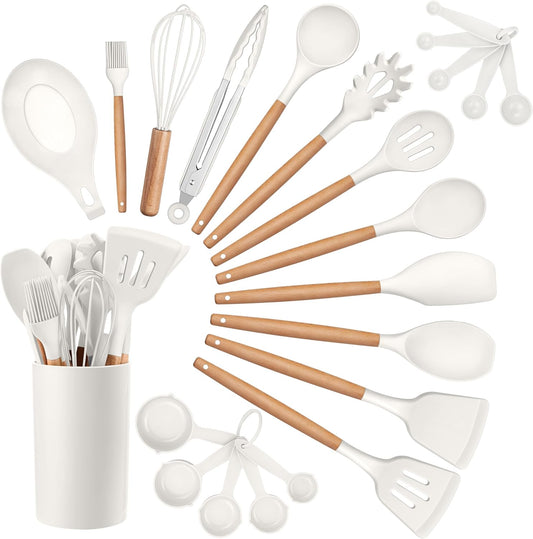 HaWare Kitchen Cooking Utensils Set, 23-Piece Silicone Kitchen Utensils Spatula Set with Holder, Heat Resistant Wooden Handle Kitchen Gadget for Nonstick Cookware, Food-grade Turner Spoon Sets (White)