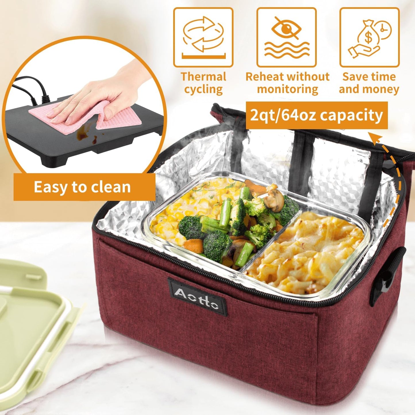 Aotto Portable Oven, Electric Lunch Box Food Heater - 12V/24V/110V 3-in-1 Car Food Warmer - Heated Lunch Box for Adults - Cook, Reheat & Keep Meals Warm for Car, Truck, Travel, Work, Home - Red