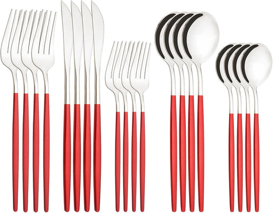 Silverware Set – 20 Piece Family Dinnerware Set – Flatware Set Service For 4 – Red Silver Tableware Sets – Cutlery Great For Family Gatherings & Daily Use – Spoons, Knives, Forks