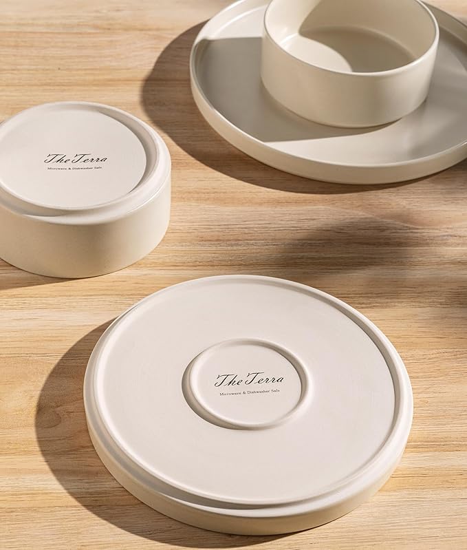 TheTerra Ceramic Dinnerware Sets for 8, 24 Pieces Handmade Reactive Glaze Plates and Bowls Set, Scratch Resistant Dish Set, Oven & Microwave & Dishwasher Safe, Ice Cream