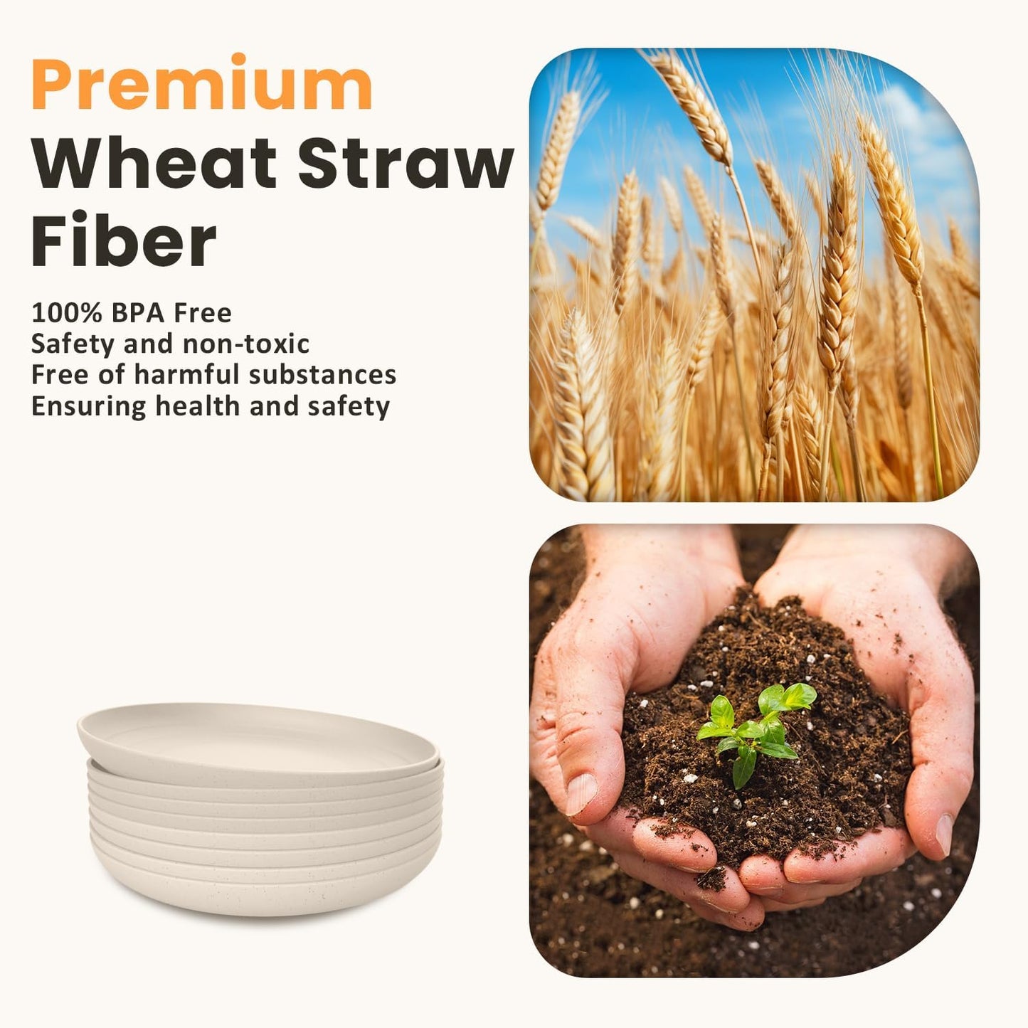 Homienly Dessert Plates - 8 Inch Wheat Straw Plates Set, Dinner Plates Set of 8, Appetizer Plates, Lightweight Unbreakable Plates, Microwave Safe Plates, Deep Plates for Dinner - Beige