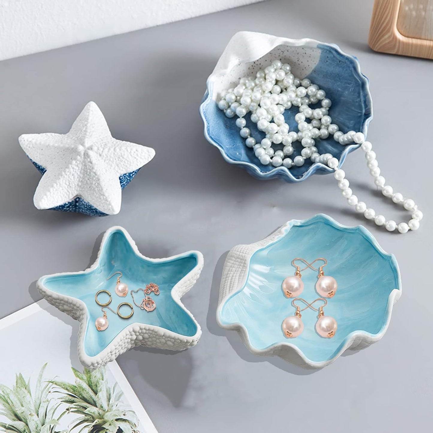 Ceramic Shell Jewelry Dish Tray Trinket Dish Ring Holder Ocean Coastal Decor Jewelry Tray Decorative Tray Key Bowl for Jewelry Birthday Party Easter Gift Hom Room Beachy Decor (G STYLE)