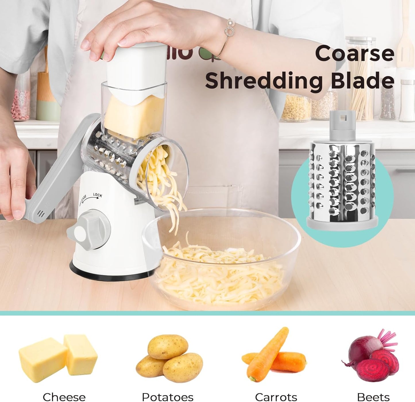 X Home Rotary Cheese Grater for Kitchen, Shredder with 3 Interchangeable Blades, Rotary Grater with Handle and Strong Suction Base, for Vegetables, Fruit, Nuts, Easy to Use and Clean, White