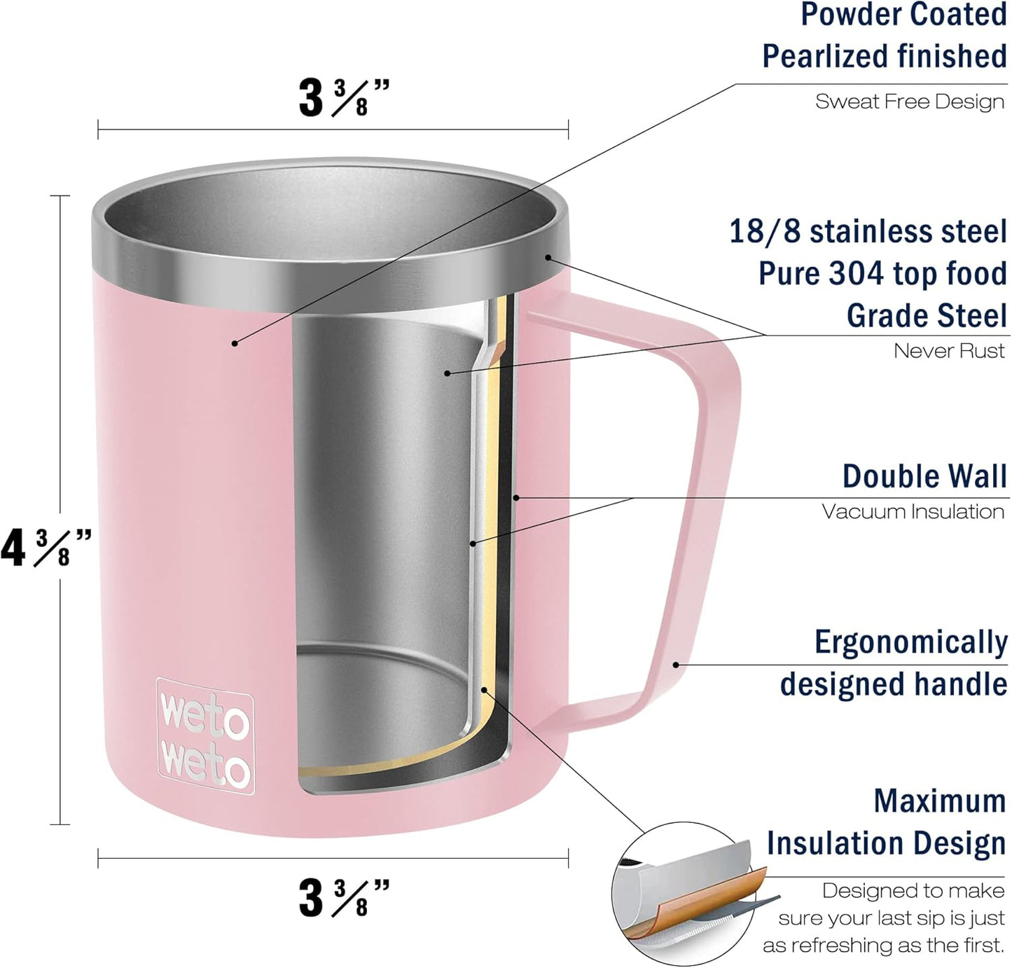 WETOWETO 14 oz Coffee Mug, Vacuum Insulated Camping Mug with Lid, Double Wall Stainless Steel Travel Tumbler Cup, Coffee Mugs Outdoor, Powder Coated Ice Pink