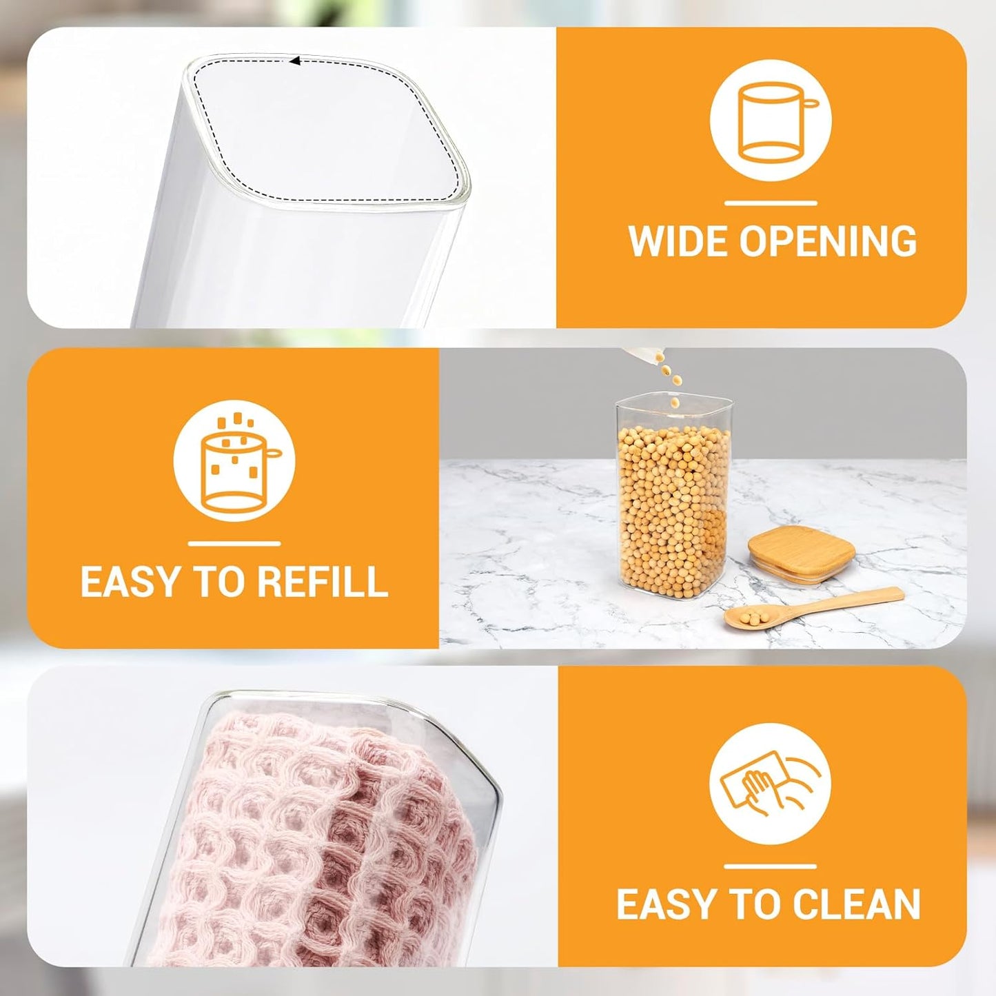 Glass Jars with Airtight Bamboo Lids, 23 Fl.oz Glass Storage Jars Set of 4, Clear Tea Sugar Containers with Lids, for Coffee, Flour, Candy, Herbs, Spice - Included Labels, Marker and Spoon