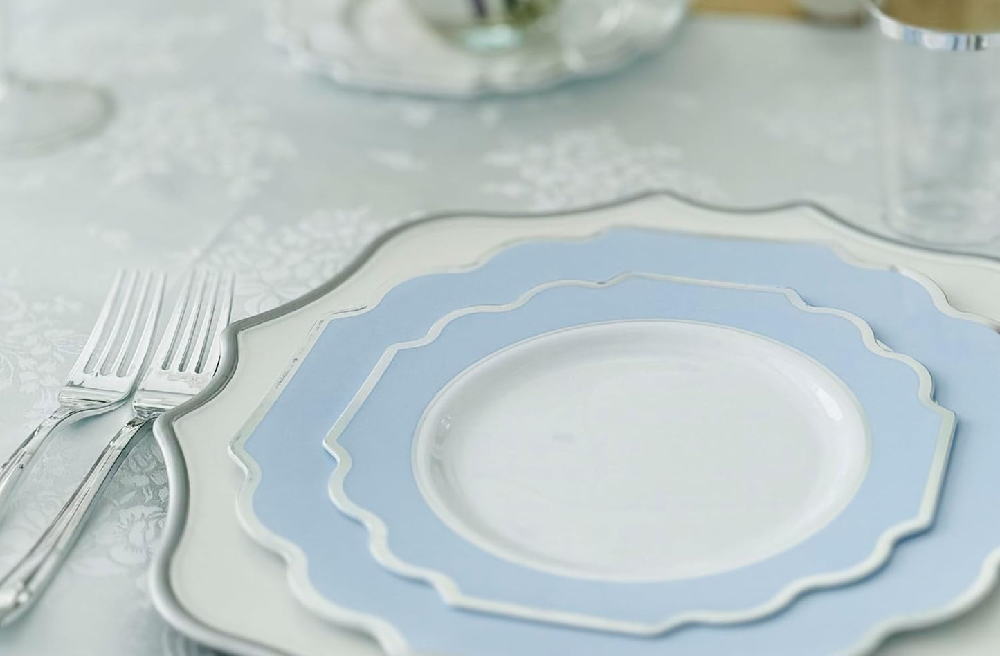 " OCCASIONS " 240 Plates Pack (120 Guests) Heavyweight Wedding Party Disposable Plastic Plates Set -120 x 10.5'' Dinner + 120 x 8'' Salad/Dessert Plate (Imperial in White/Blue & Silver)