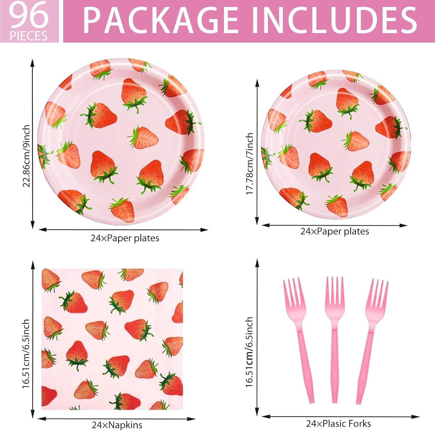DTDO 96 Pcs Strawberry Tableware Set Disposable Paper Plates Napkins and Forks Fruit Party Decoration Strawberry Themed Birthday Dinnerware for Girls Birthday Decorations, Serves 24