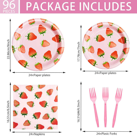 DTDO 96 Pcs Strawberry Tableware Set Disposable Paper Plates Napkins and Forks Fruit Party Decoration Strawberry Themed Birthday Dinnerware for Girls Birthday Decorations, Serves 24