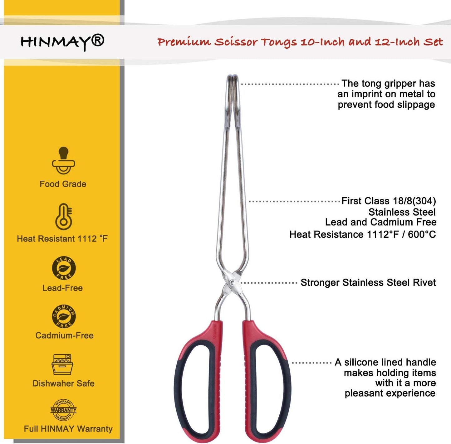 Stainless Steel Scissor Tongs 10-Inch and 12-Inch Set, Set of 2