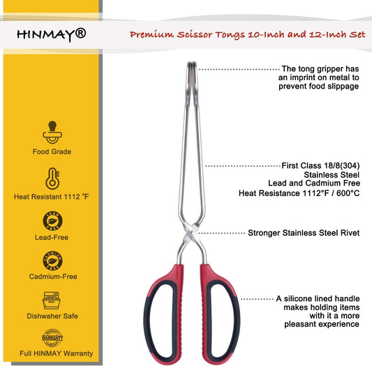 Stainless Steel Scissor Tongs 10-Inch and 12-Inch Set, Set of 2