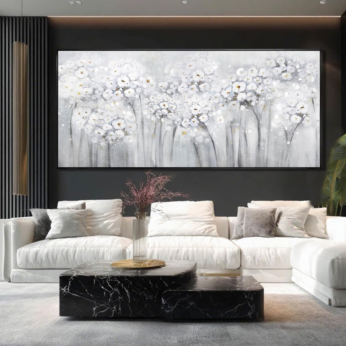 Flower Wood Wall Decor White Wall Art Textured Canvas Painting 32"x70" Decorative Pictures for Bedroom Kitchen Large Artwork