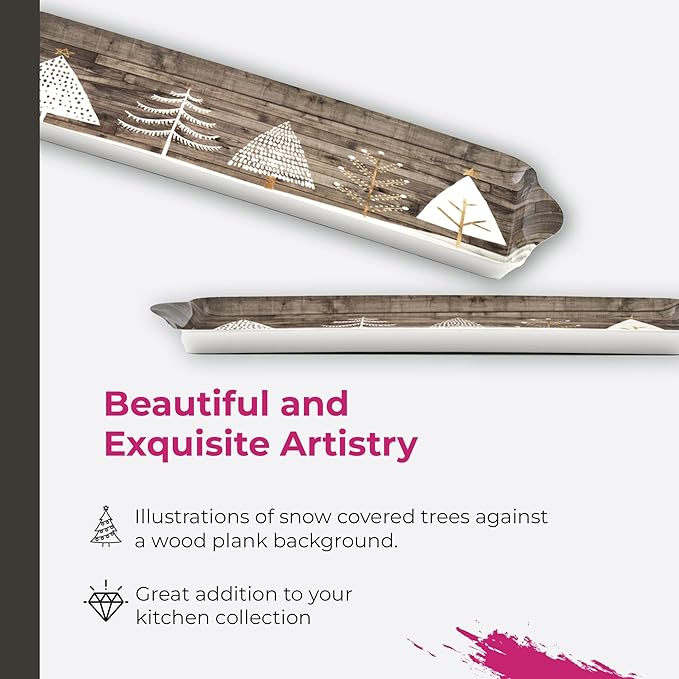 Pimpernel Home Collection Rectangular Melamine Tray – (15" x 6.5") Lightweight Serving Platter with Wood Finish & White Evergreen Design, Decorative Accent for Tabletop, Dining & Entertaining