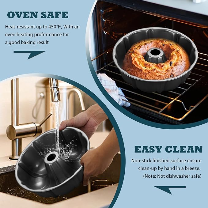 P&P CHEF 10 Inch Gray Non-stick Cake Pan, Carbon Steel Fluted Tube Round Baking Pan for Pound Cake, 10-Cup Large Capacity Bakeware, Healthy & Heavy Duty, 2 Pieces