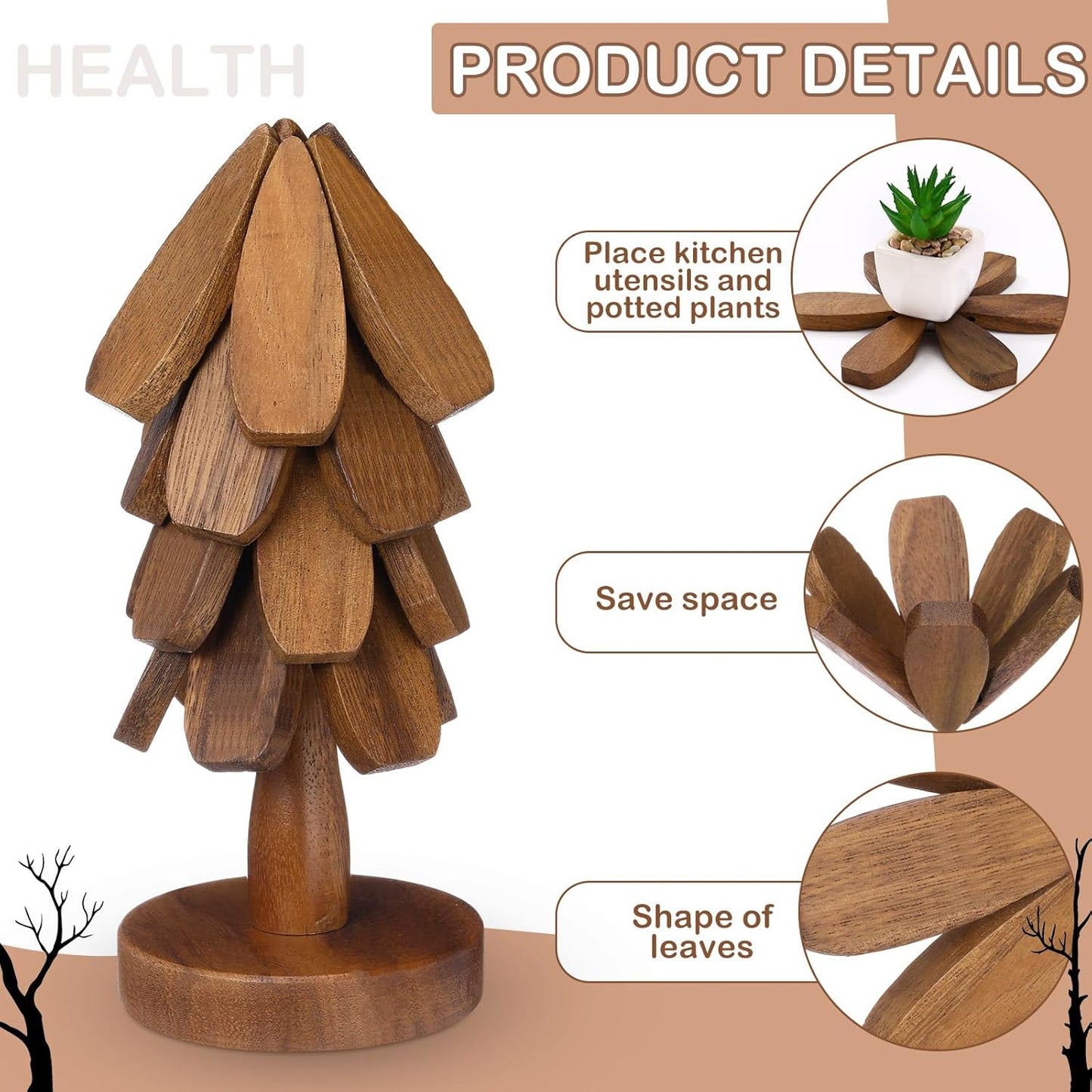 Wooden Tree Coaster Trivets Wood Trivets Set for Hot Dishes Set of 4 Christmas Tree Shape Foldable Wooden Coaster and 1 Stand Natural Trivet for Cups Plates Bowls Pots(Black Walnut Color)