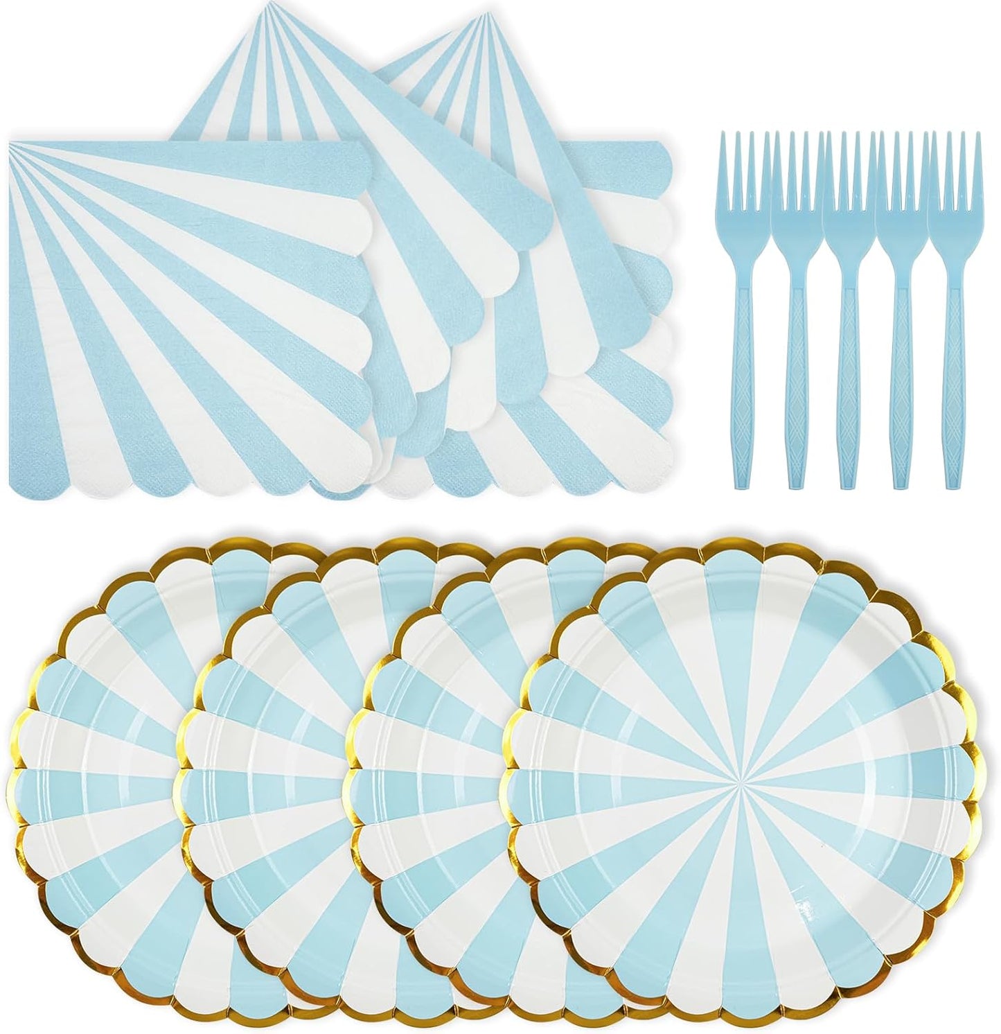 72PCS Blue Paper Plates and Napkins Party Supplies, Gold Foil Edge Scalloped Striped Paper Plates Napkins Disposable Tableware Set for Birthday Wedding Baby Shower Party Decoration (Blue)
