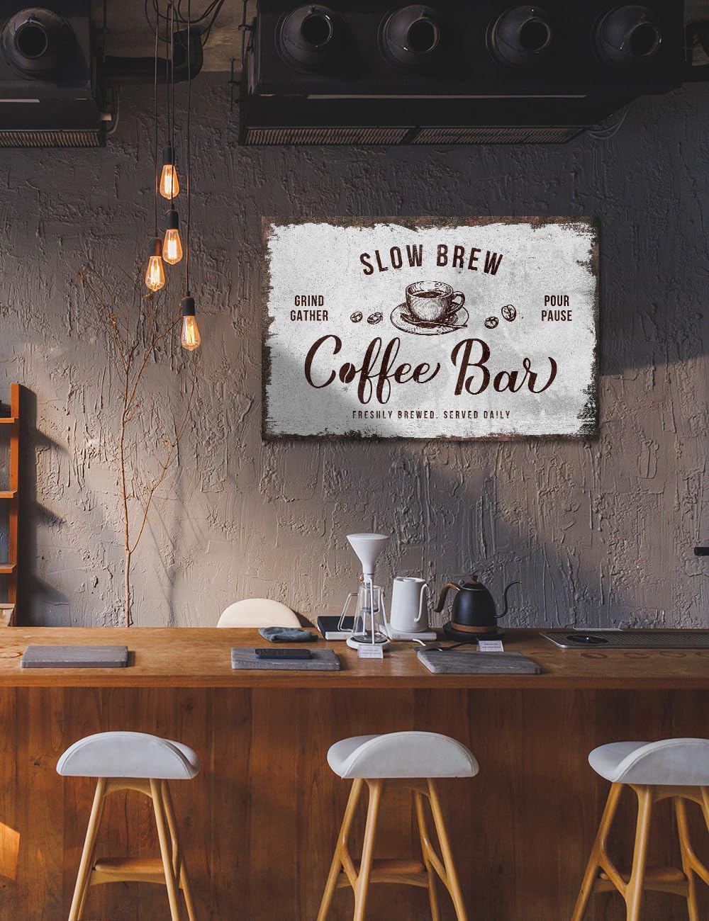 IPIC - Rustic Coffee Bar Sign Slow Brew, Large Canvas Wall Art Print for Home or Cafe, Rustic Style Wall Decor for Home Kitchen or Business, Made in USA