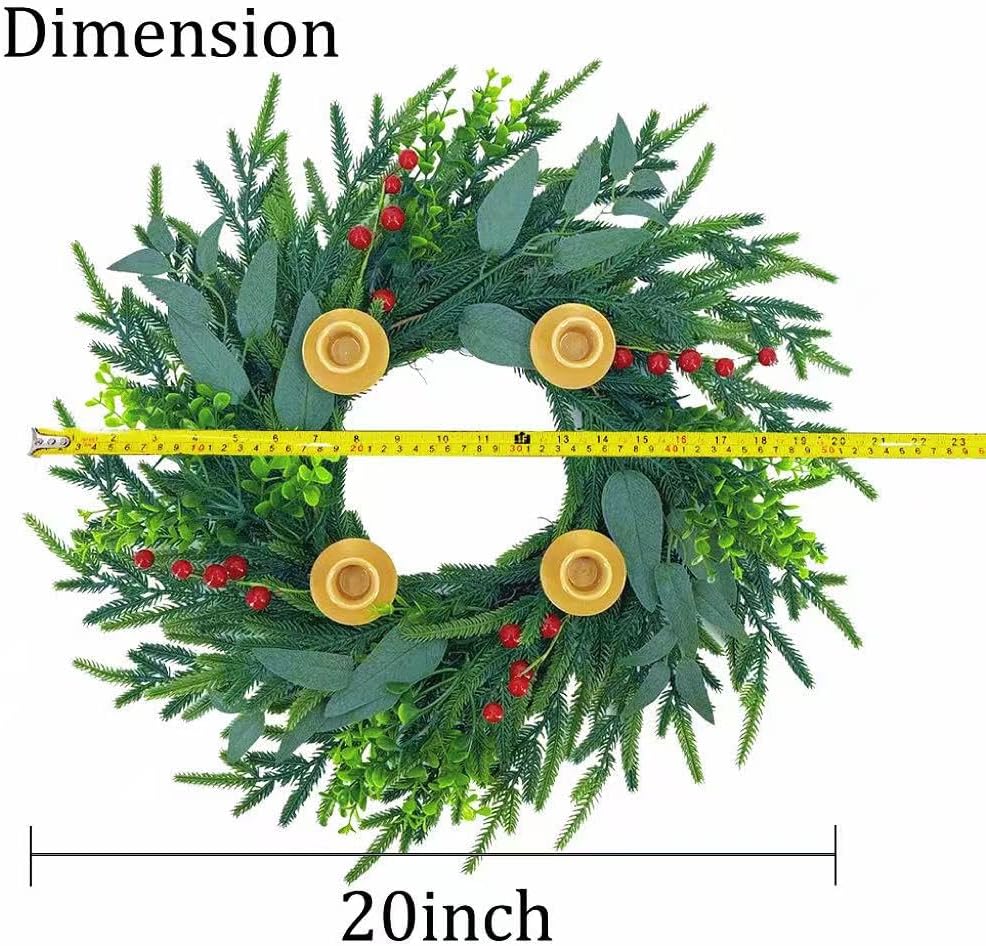 20Inch Christmas Pine Candle Wreath for Front Door, Artificial Advent Candle Holder with Red Berries for Holiday Tabletop Wall Window Porch Candle Decor