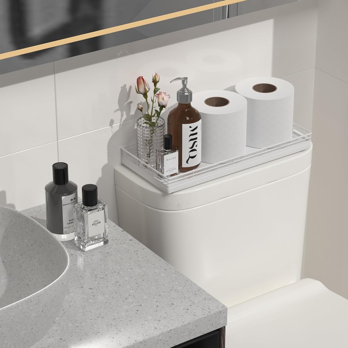 Oak Bathroom Toilet Tank Tray, 13" Wood Toilet Paper Storage Basket Tray Back of Toilet Basket Organizer,for Perfume Makeup Candle Kitchen Counter Coffee Table Decor White