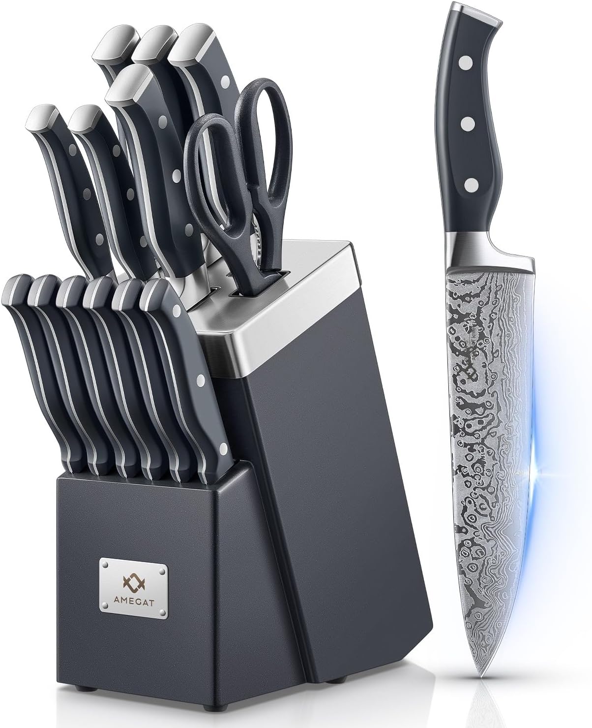 Knife Set, AMEGAT Knife Block Set with Advanced Self-Sharpening Technology, 14-Piece Waved Texture Kitchen Knives, Stainless Steel Knife Set with Block, Razor-Sharp and Full Tang Handle