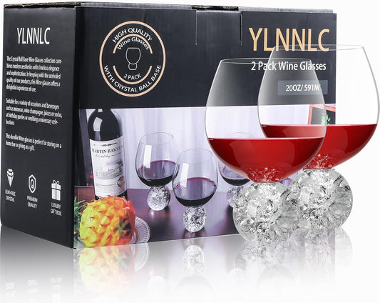 Crystal Wine Glasses Set of 2, 20oz Premium Lead-free Juice Glass with Crystal Ball Base, Red Wine Glasses Set of 2, for Daily Use, Party, Home Bar, Wedding, Shower, Birthday, Christmas Gift