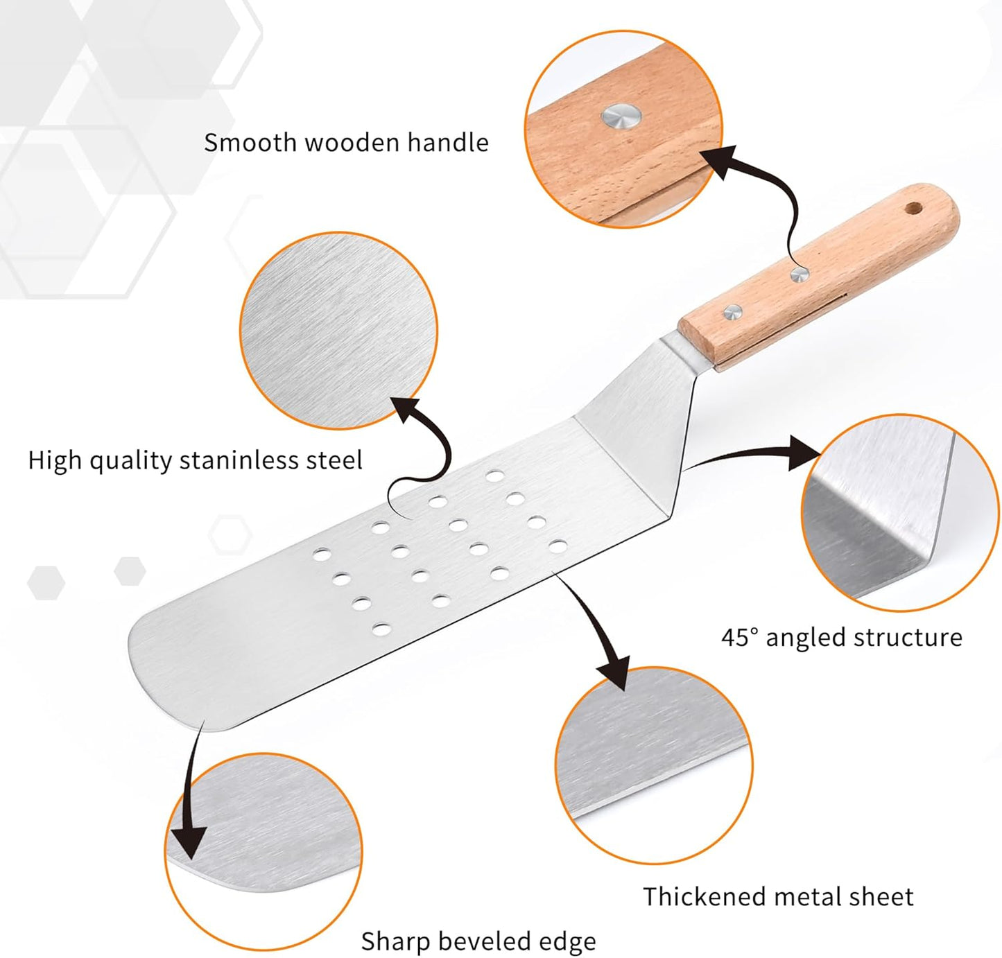 3-Piece Griddle Spatula Set for Flat Top Grill – Stainless Steel Turner Kit with Wooden Handles, Heavy Duty BBQ Accessories for Teppanyaki, Outdoor Cooking & Smash Burgers