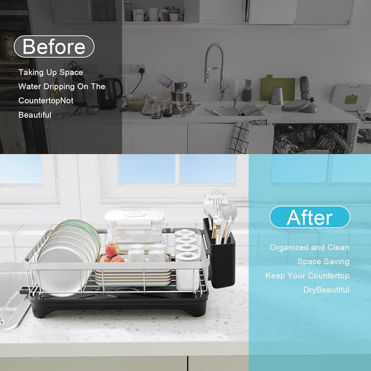 Dish Drying Rack 304 Stainless Steel Dish Rack with Drainboard,Space Spaving Auto-Draining Drying Racks for Kitchen Counter,Large Capacity Dish Racks for Bowls, Cups, Dish Drainer Black