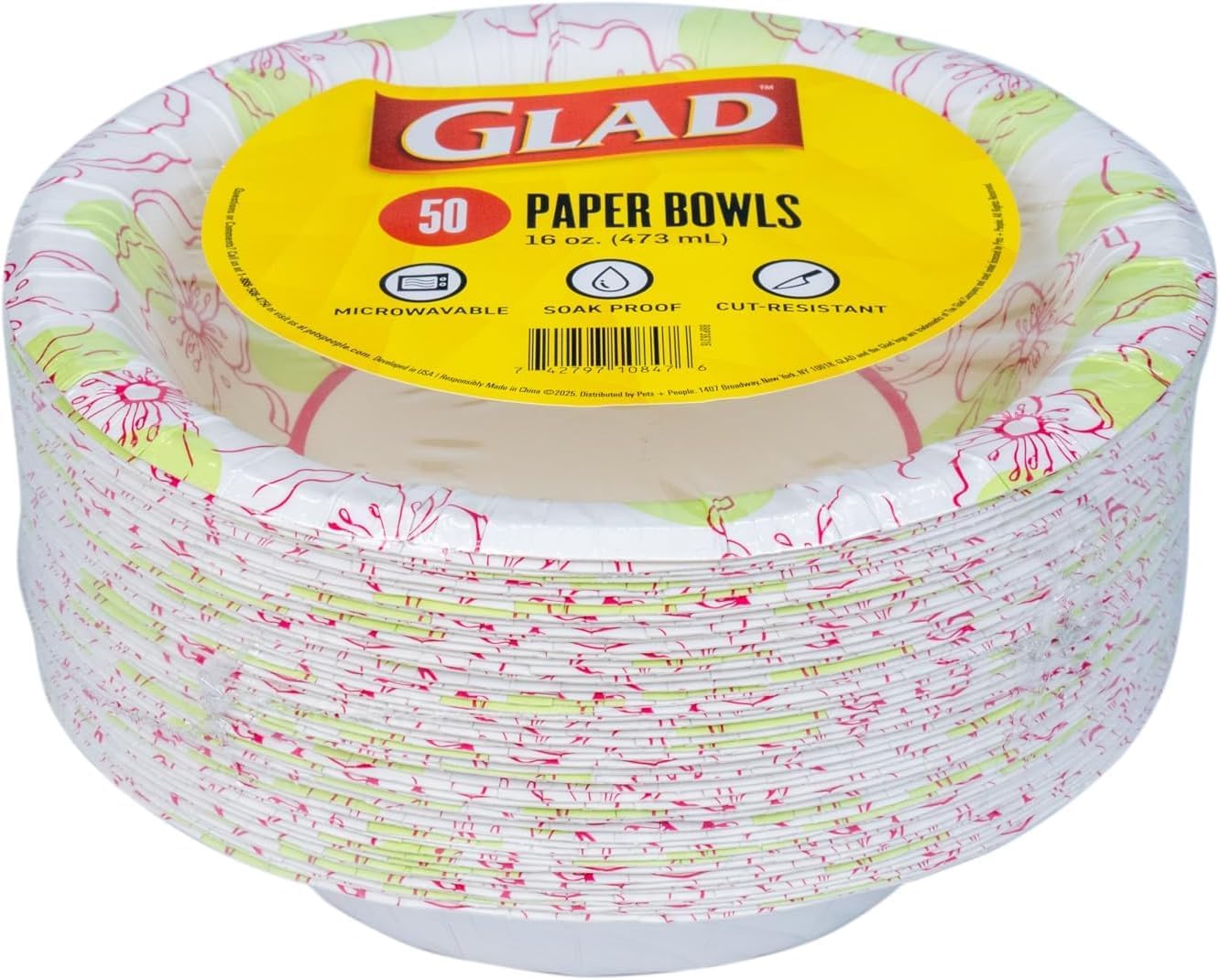 Glad Round Disposable Paper Bowls, Pink Flower Design - Heavy Duty, Soak Proof, Cut-Resistant, Microwavable Bowl for All Foods & Daily Use, 16 Oz, 50 Count - 6 Pack