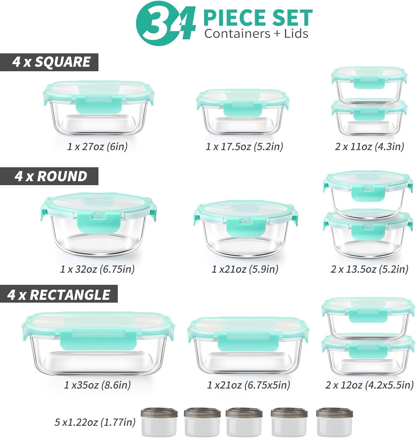 34pcs Glass Food Storage Containers with Lids Set, Airtight Glass Meal Prep Containers (17 Containers & 17 Lids), Leak Proof Lunch Containers BPA-Free, Microwave, Oven, Freezer, Dishwasher Safe-Green