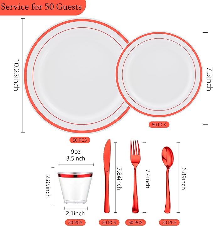 300 PCS Red Dinnerware Set for 50 Guests,Red Rimmed Heavy Duty Plastic Disposable Plates for Party Wedding-50 Dinner Plates,Dessert Plates,Spoons,Forks,Knives,Cups