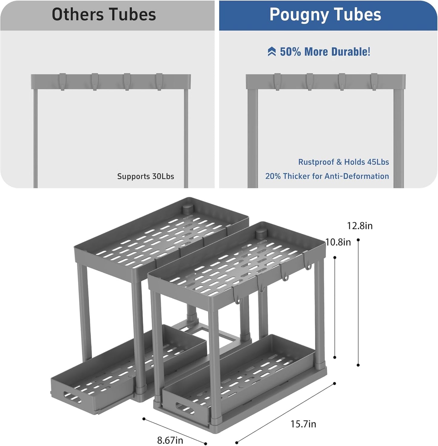 2PC Under Sink Organizer Rack 2 Tier Under Sliding Cabinet Basket Organizer Drawer with 4 Hooks, Multi-purpose Under Sink Storage for Bathroom Kitchen Desktop（Grey）