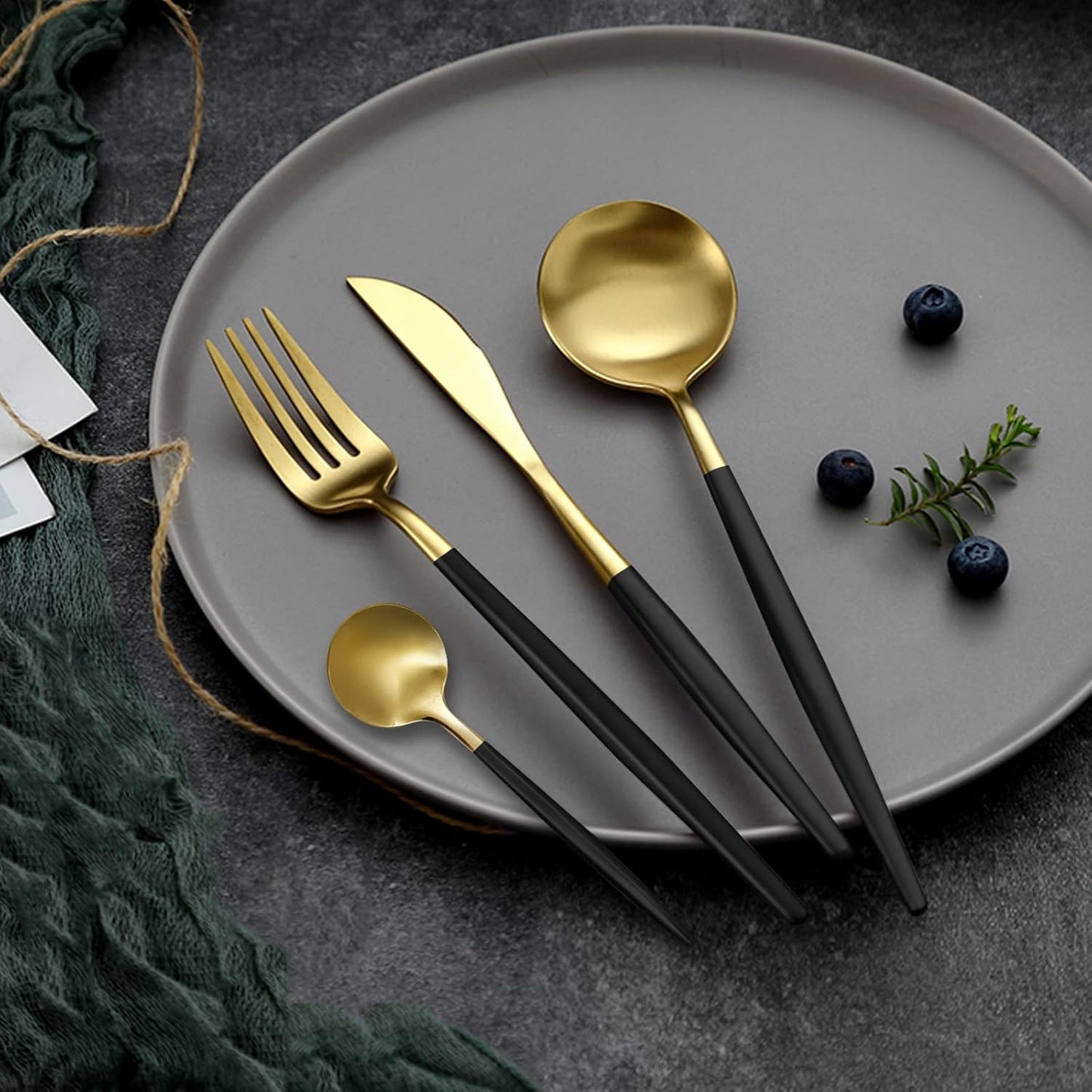 Gold Black Silverware Set, 24 pcs Golden Flatware for 6, Black and Gold Flatware, Stainless Steel Silverware Set,Kitchen Cutlery Sets, Include Knives/Forks/Spoons