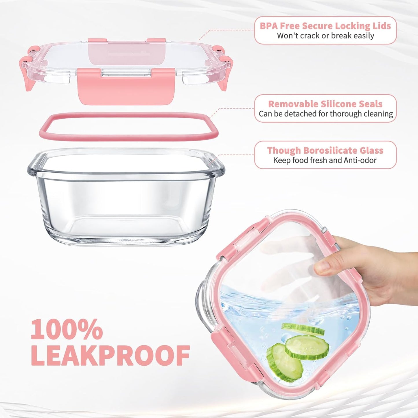 34pcs Glass Food Storage Containers with Lids Set, Airtight Glass Meal Prep Containers (17 Containers & 17 Lids), Leak Proof Lunch Containers BPA-Free, Microwave, Oven, Freezer, Dishwasher Safe-PINK