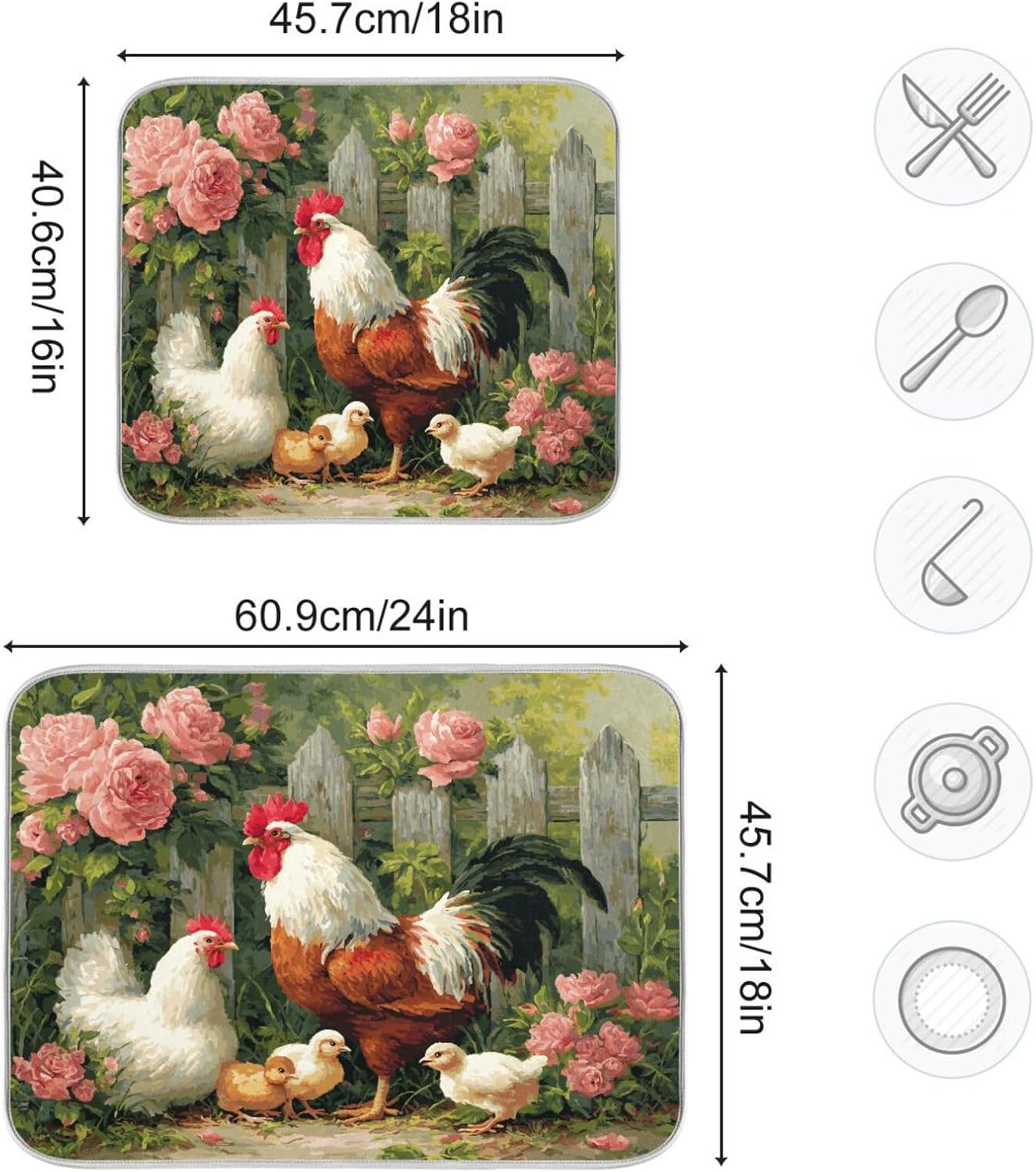 Farm Chickens Rooster Dish Drying Mat for Kitchen Counter Super Absorbent Dishes Pad Reversible Microfiber Protector Dish Draining Mats 16x18 inch