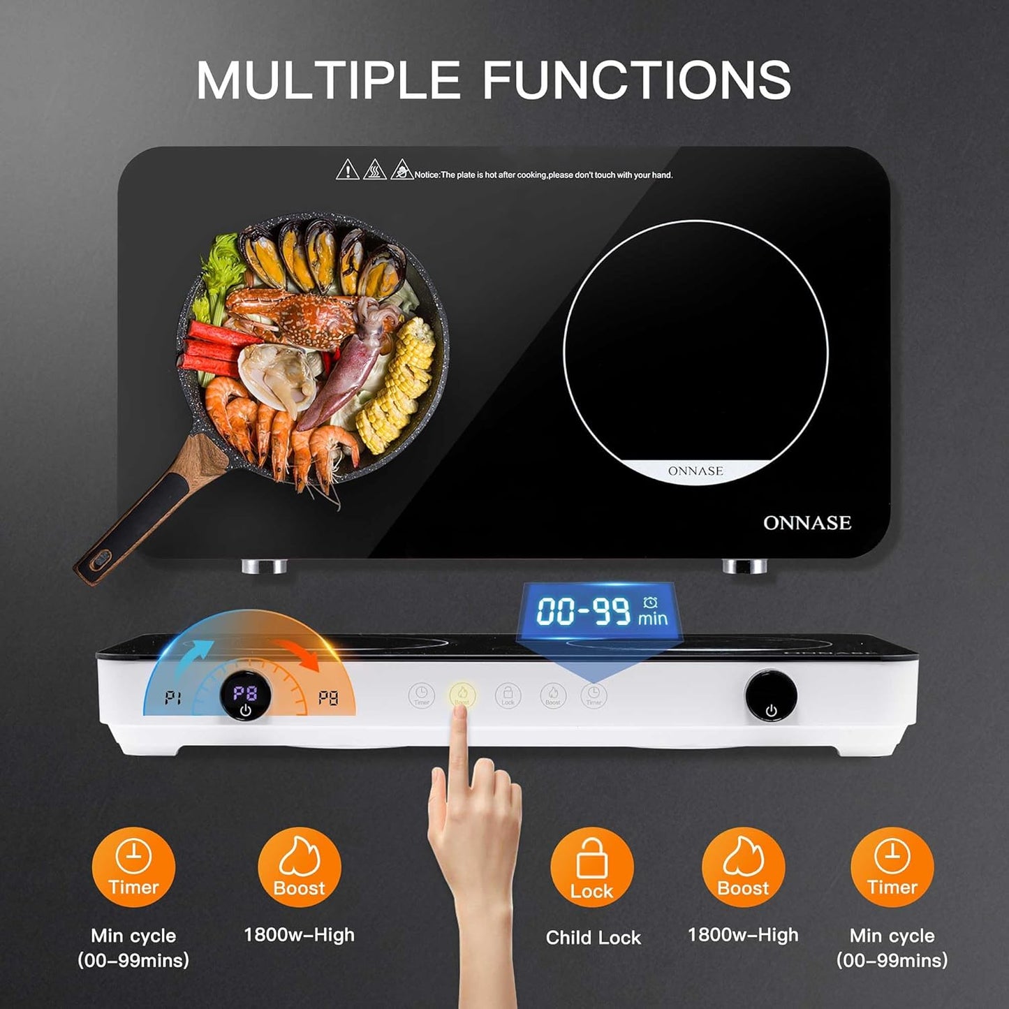 Induction Cooktop,1800W Induction Cooktop 2 Burner, Electric Countertop Cooker with 8 Temp & Power Levels, Kids Lock & Timer, Independent Controls, Low Noise