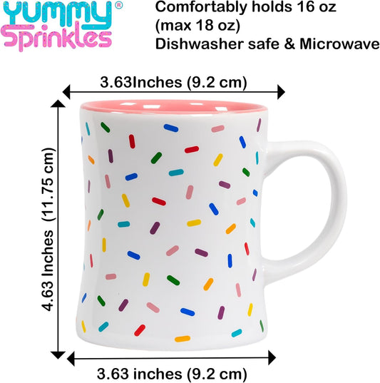 Mug | Rose Pink Cute Coffee Mug with Rainbow Sprinkles | Birthday Cake Coffee Cup Gift | White Ceramic Cup with Green, Yellow, Red, Pink, and Blue Sprinkles | Fun Colorful Pattern