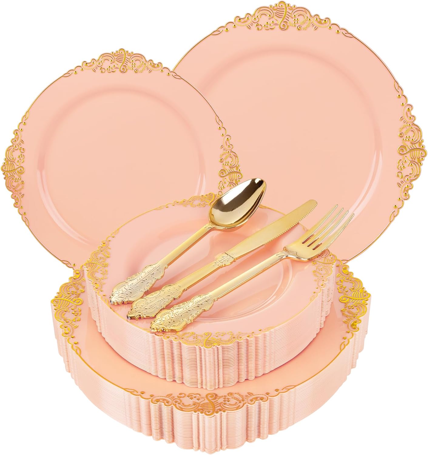 125PCS Peachy Pink Plastic Plates - Elegant Pink and Gold Dinnerware Set - Heavy Duty Disposable Plates with Gold Silverware Sets for 25 Guests for Wedding & Party & Bridal Shower