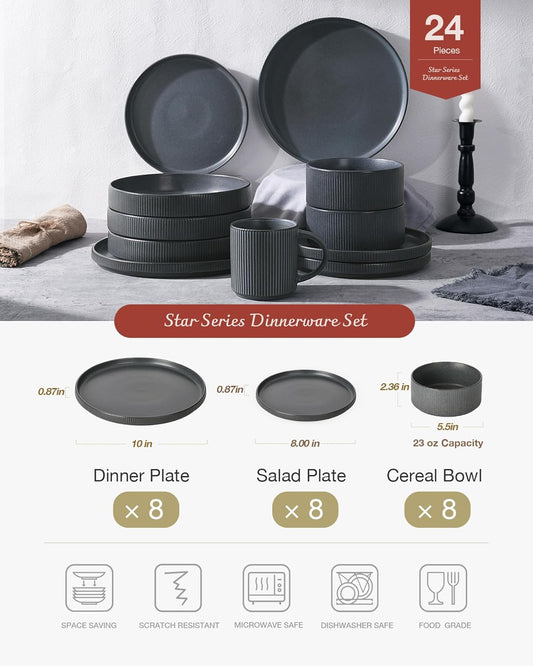 Famiware Star Plates and Bowls Sets, Modern Stoneware Dinnerware Sets for 8, 24-Piece Kitchen Dish Set - Microwave and Dishwasher Safe, Chip and Scratch Resistant, Matte Dark Charcoal